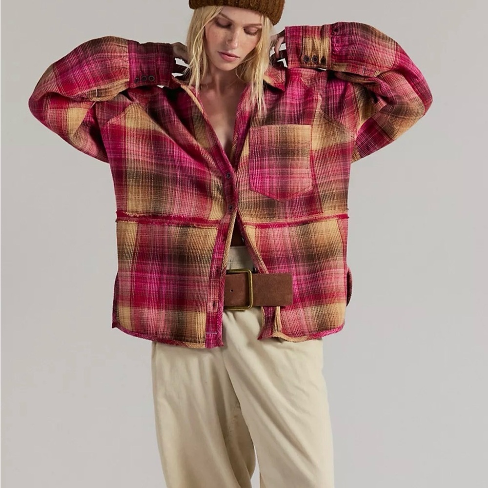 We The Free Plaid Button-Front Shacket in Rust, Plum, Cream